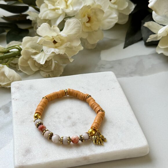 Red vein jasper, clay beads stretch boho bracelet, rubber discs beads jewelry, - Picture 2 of 8